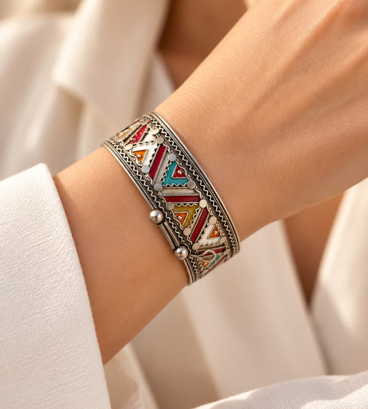 Bracelet NUMIDIA en argent émaillé porté au poignet en gros plan, avec une manche en lin clair